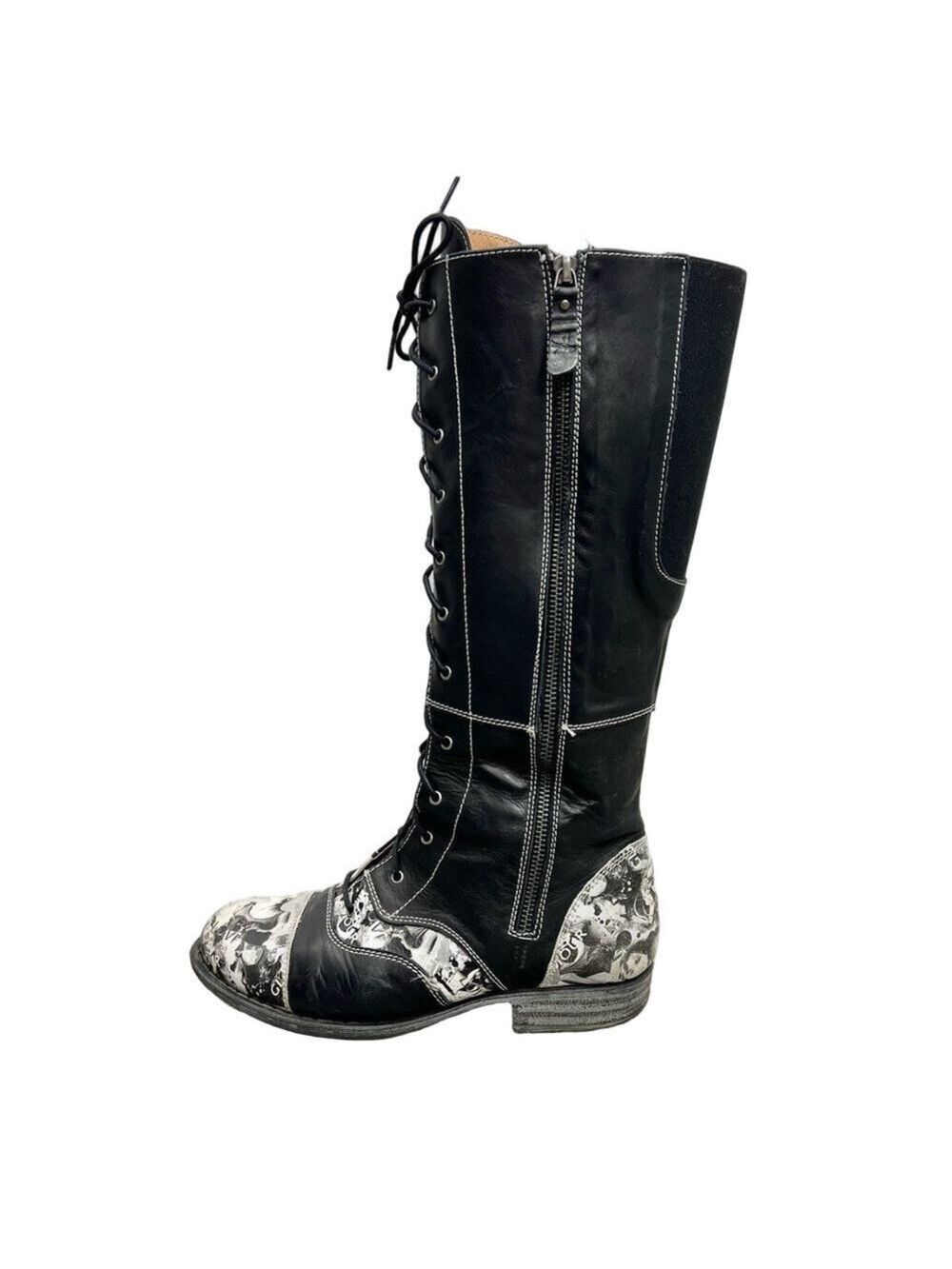 Portofino Canada black leather lace up newsprint detail tall flat boots EU 37